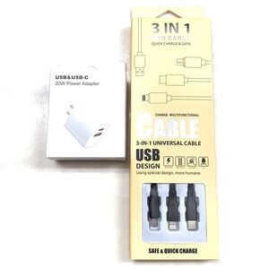 BUNDLE 1pc 3-In-1 Charging Cable Compatible & 20W USB & USB-C Power Adapter, NEW